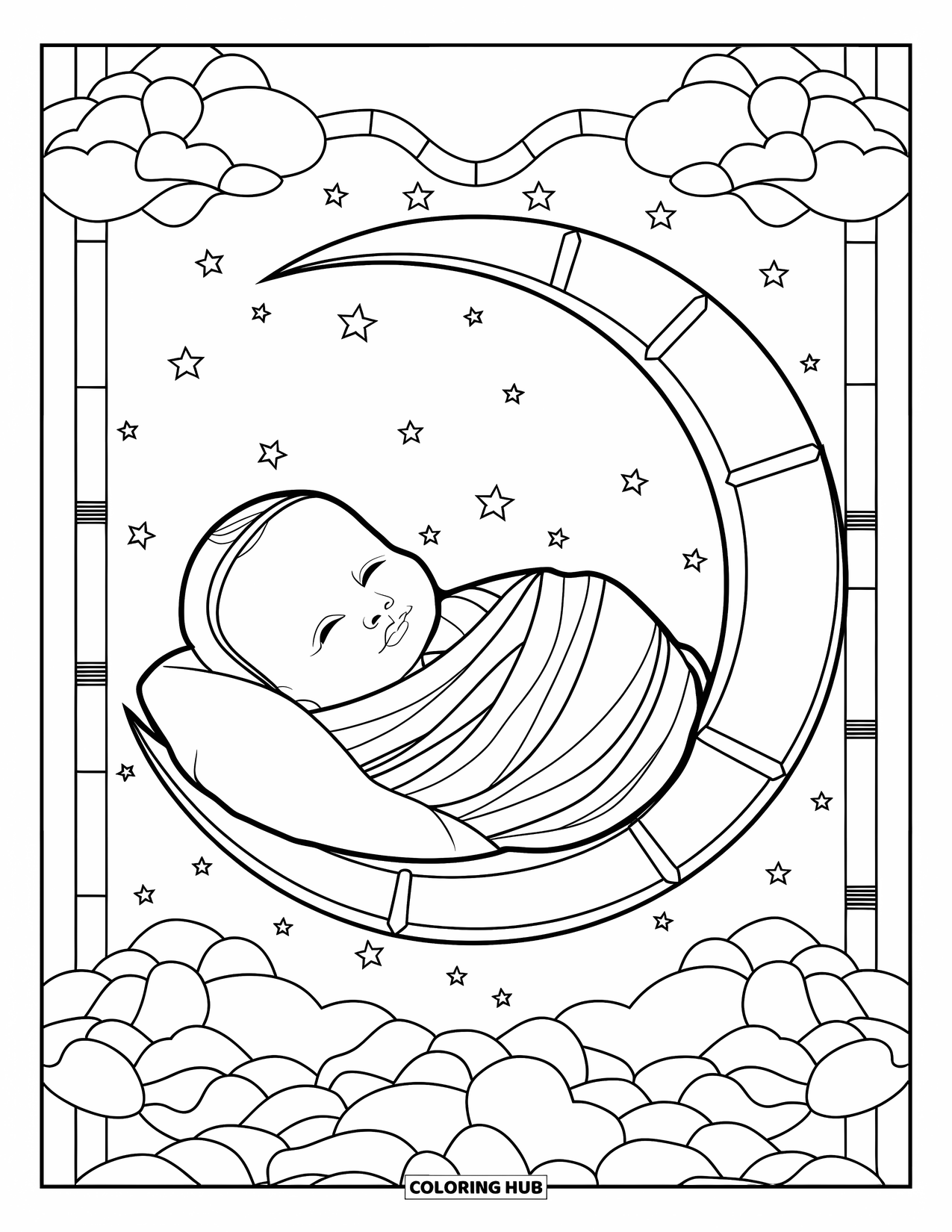 Baby Kleurplaat voor Volwassenen: Een baby rust op een maan met glas-in-lood wolken eromheen
