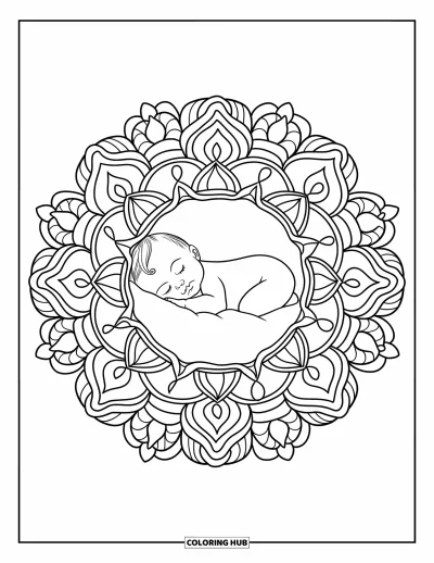 Kleurplaat van baby's voor volwassenen: Een baby slaapt in het midden van een bloemige en sterrijke mandala