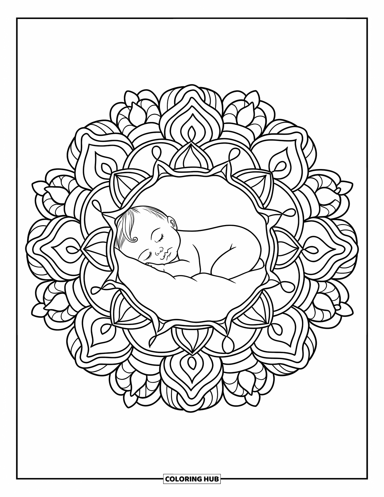 Baby Kleurplaat voor Volwassenen: Een baby slaapt in het midden van een bloemen- en sterrenmandala