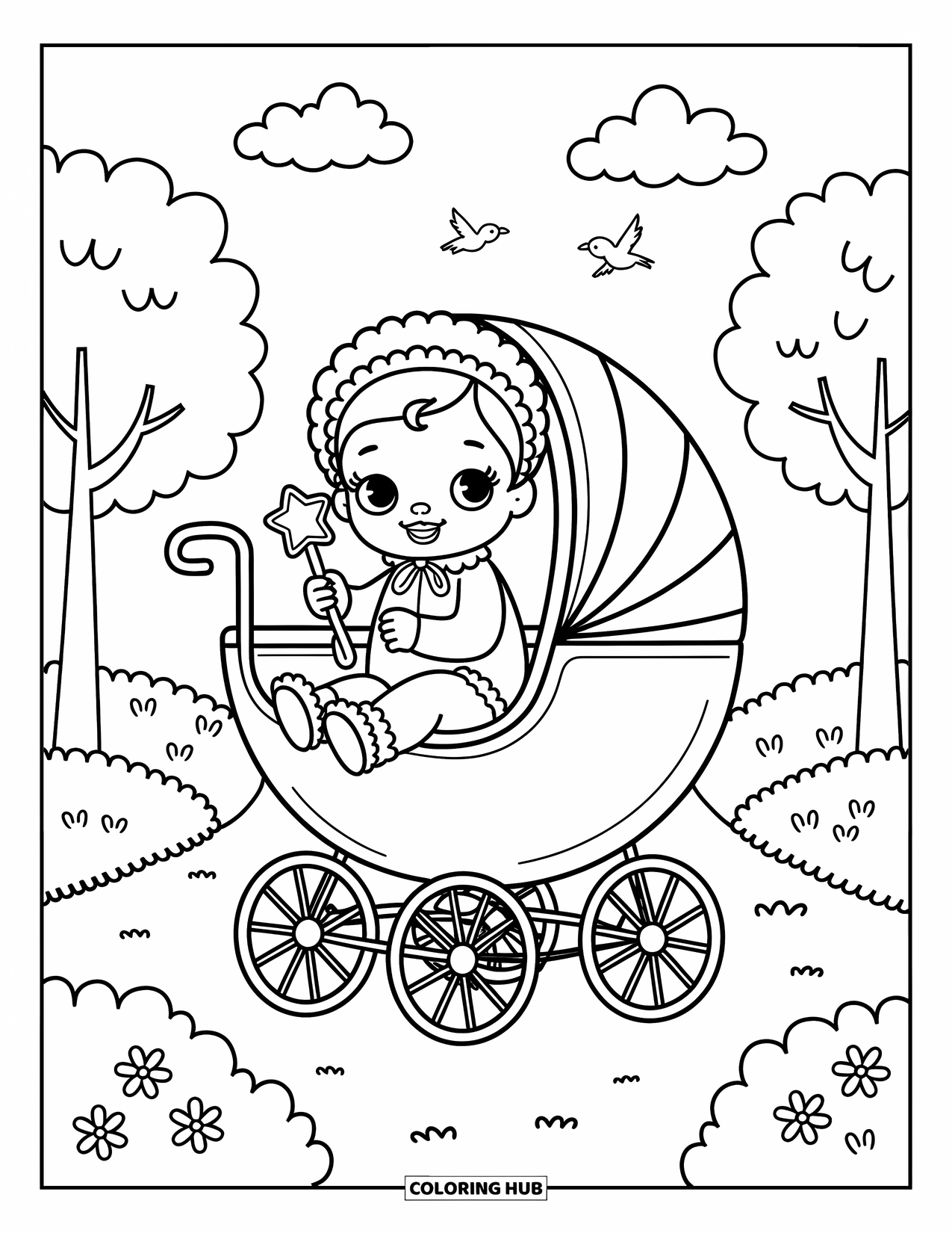 Baby Kleurplaat voor Volwassenen: Een lief baby meisje zit in een klassieke kinderwagen met haar speelgoedrammelaar tijdens een wandeling