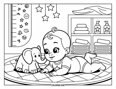 Kleurplaat van baby's voor volwassenen: Een piepklein babymeisje ligt op haar buik, betoverd door haar zachte olifantknuffel