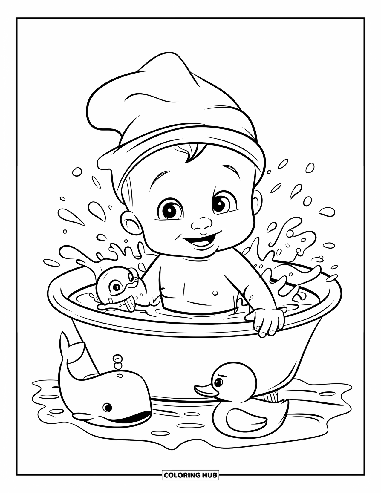 Baby Kleurplaat voor Kinderen: Een baby jongen spettert in een bad vol rubberen speelgoed