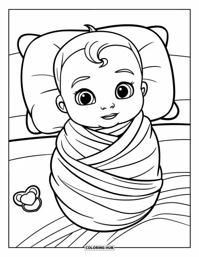 Kleurplaat van baby's voor kinderen: Een babyjongen in een warme inbakerdoek ligt rustig op een bed met een hartvormige speen