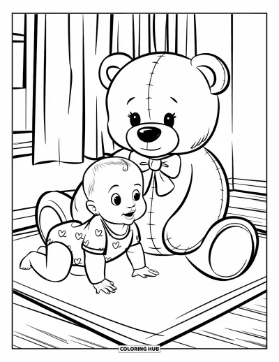 Kleurplaat van baby's voor kinderen: Een baby kruipt naast een reusachtige teddybeer op een zachte speelmat