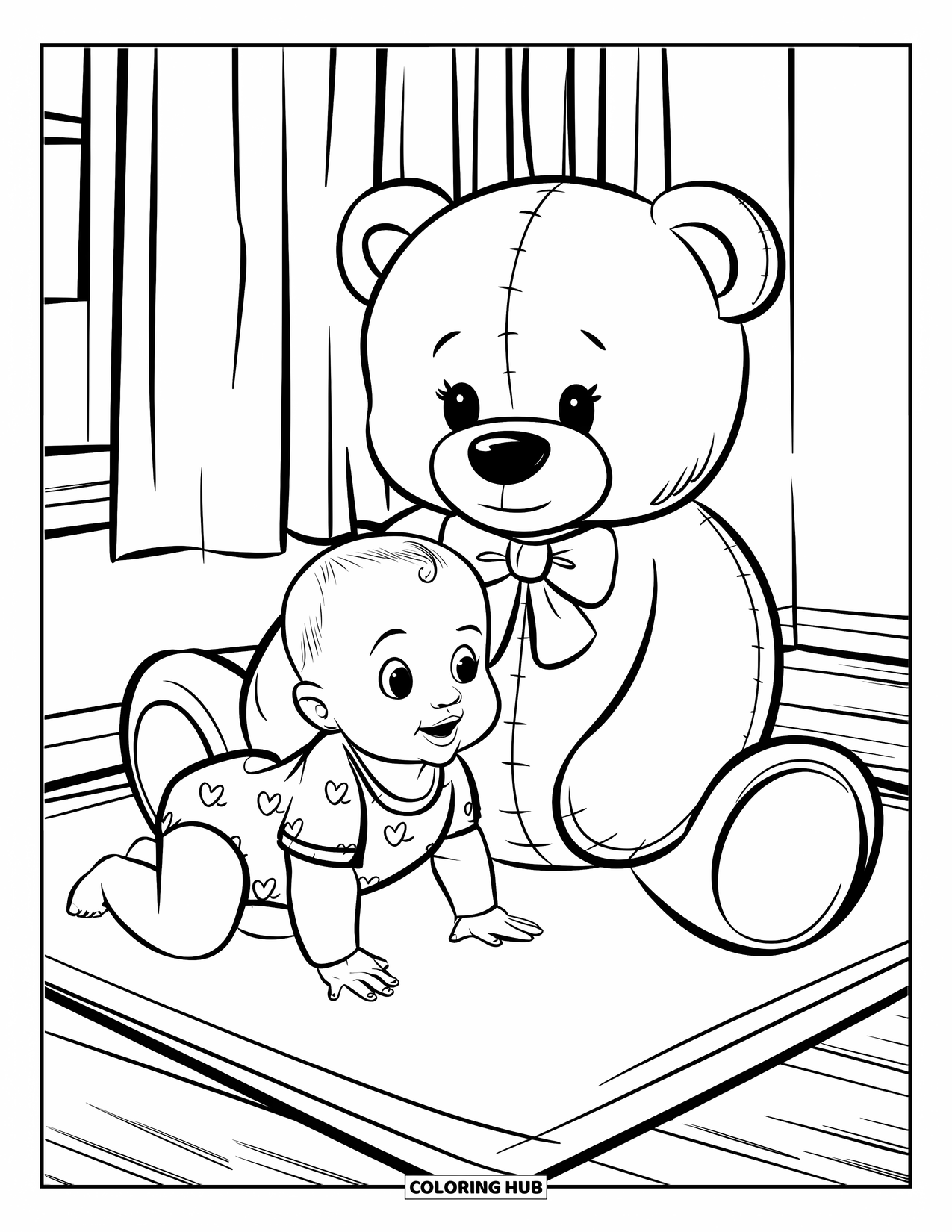 Baby Kleurplaat voor Kinderen: Een baby kruipt naast een gigantische teddybeer op een comfortabele mat