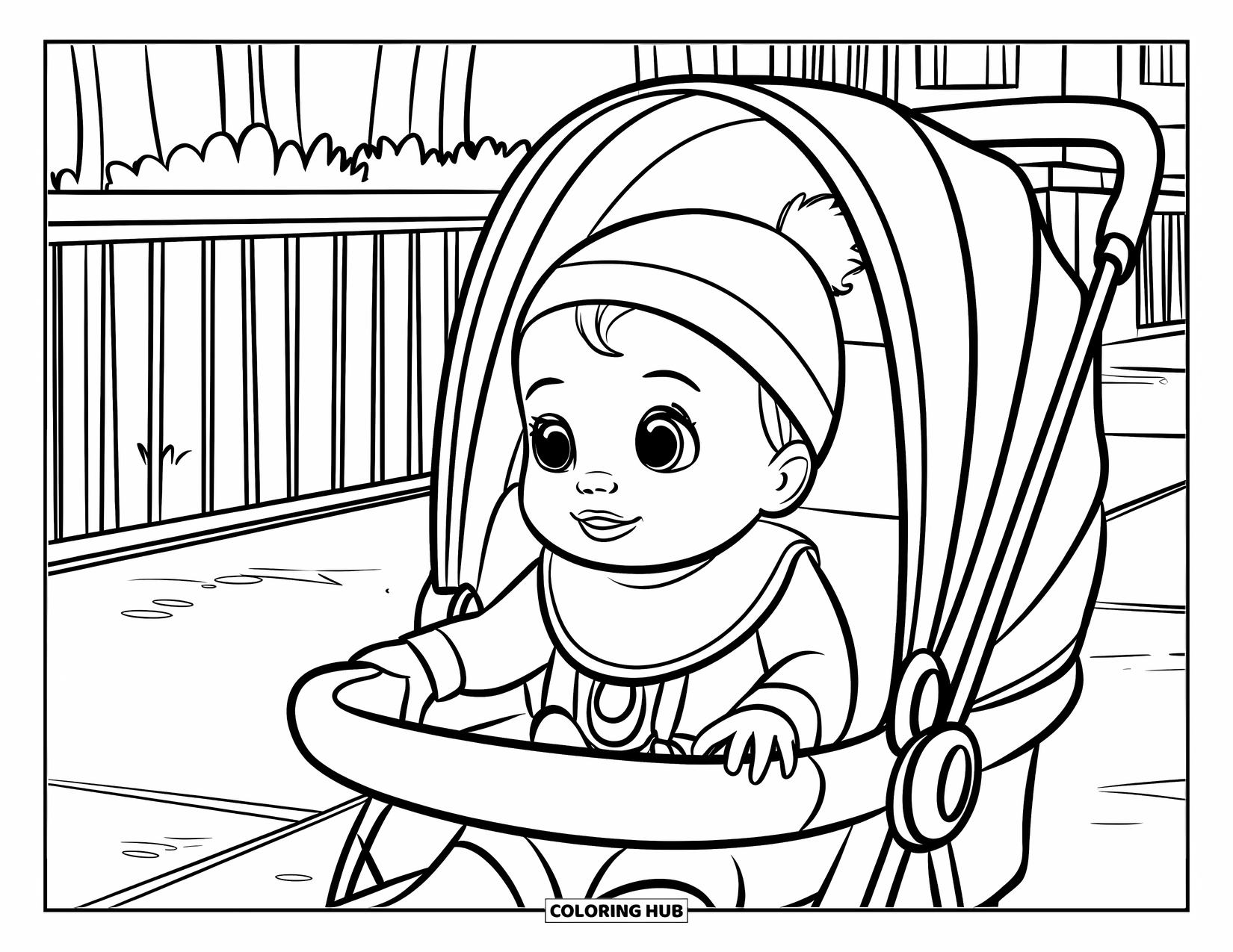 Baby Kleurplaat voor Kinderen: Een baby meisje in een kinderwagen lacht onder schaduwrijke bomen en een nabijgelegen gebouw