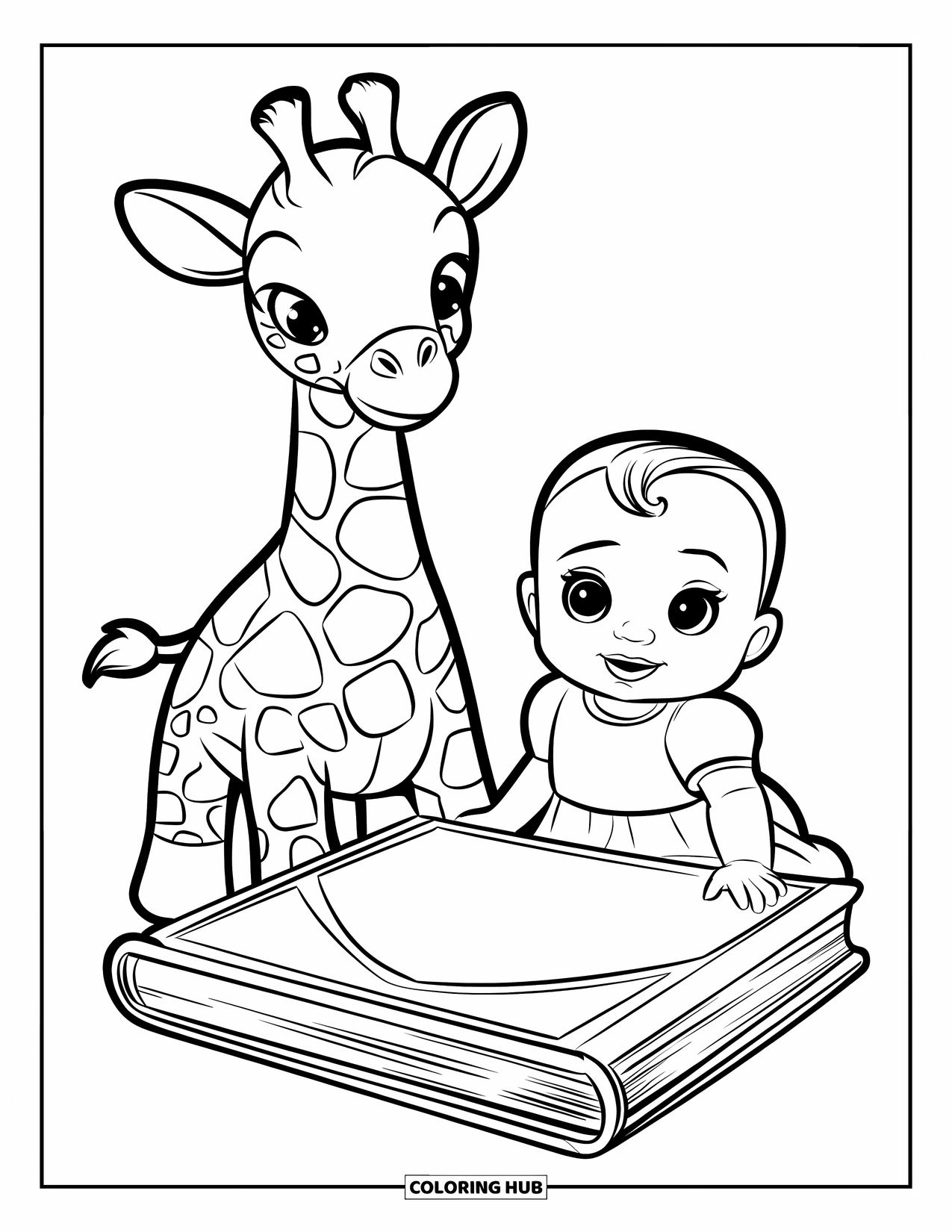 Baby Kleurplaat voor Kinderen: Een baby meisje zit naast een prentenboek en een knuffelgiraffe