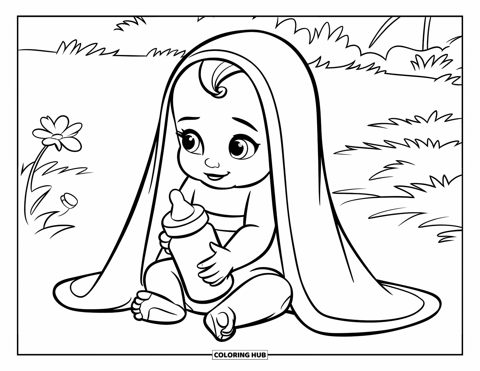 Baby Kleurplaat voor Kinderen: Een baby meisje zit in een veld met een deken over haar hoofd en houdt een flesje vast