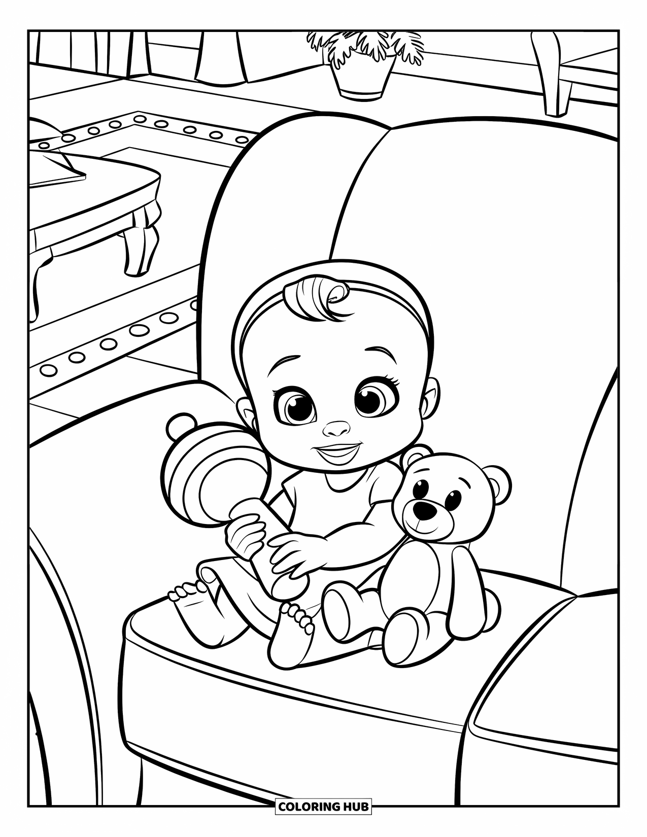 Baby Kleurplaat voor Kinderen: Een baby meisje zit op een gezellige bank met een teddybeer en een grote rammelaar