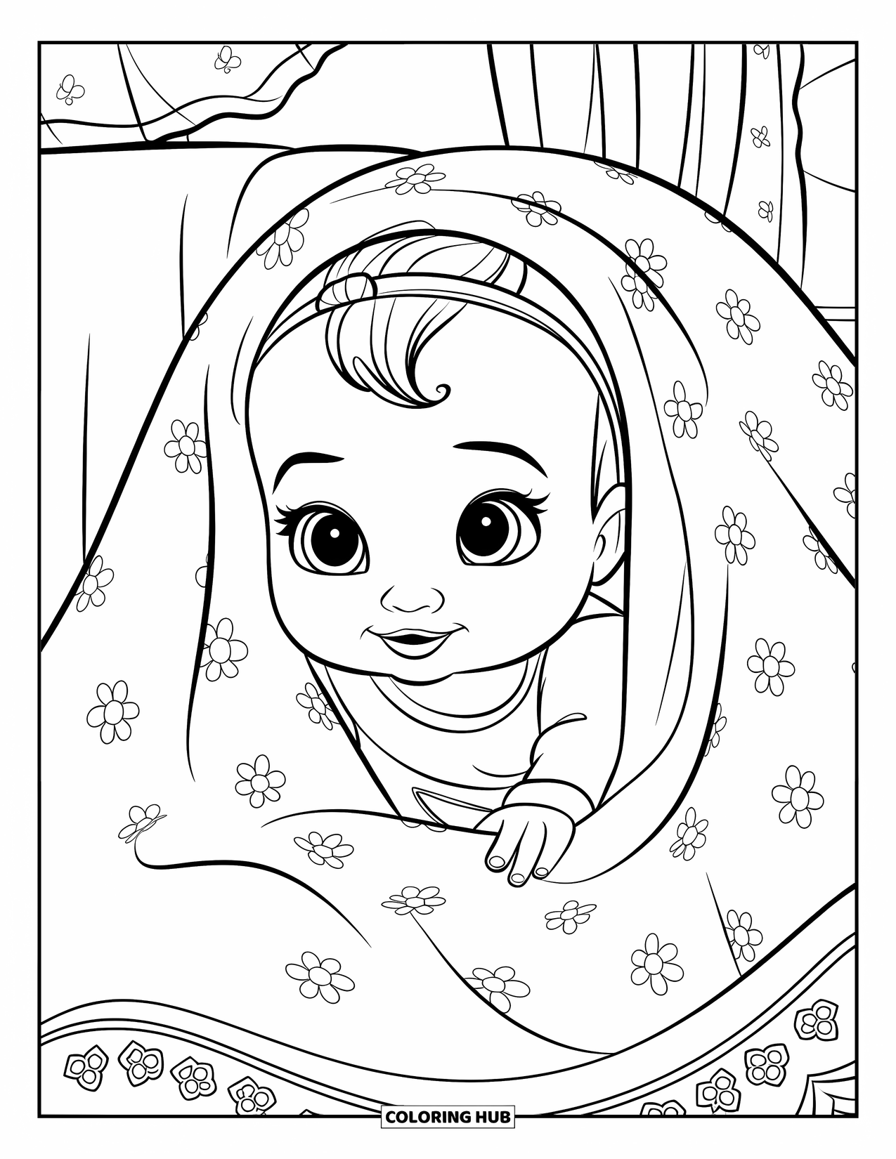 Baby Kleurplaat voor Kinderen: Een baby meisje met een hoofdband verstopt zich achter een bloemendeken