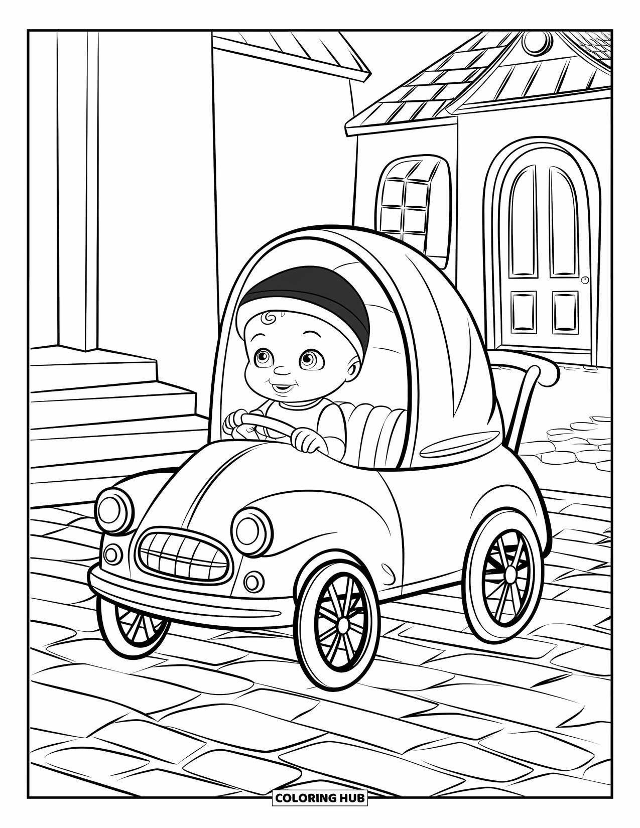 Baby Kleurplaat voor Kinderen: Een baby in een autovormige kinderwagen rijdt over een geplaveid pad in de buurt van een huis