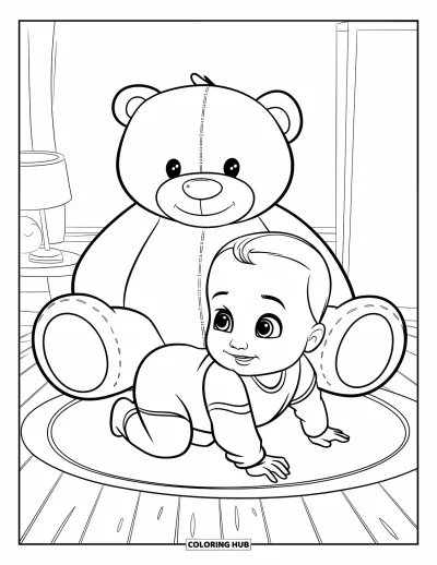 Kleurplaat van baby's voor kinderen: Een baby in een rompertje kruipt naast een teddybeer in een knusse kamer