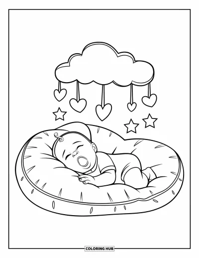 Kleurplaat van baby's voor kinderen: Een baby in een rompertje gaapt onder een mobiel met hartjes en sterren