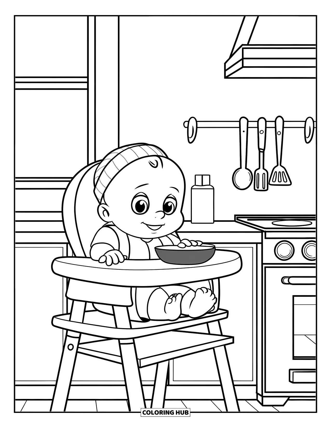 Baby Kleurplaat voor Kinderen: Een baby zit in een kinderstoel in een keuken, klaar om te eten met een kom voor zich