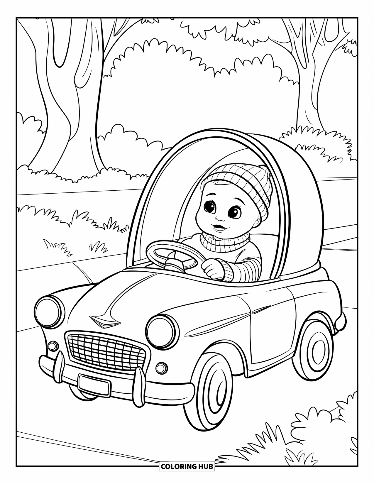 Baby Kleurplaat voor Kinderen: Een baby zit in een vintage kinderwagen en geniet van een zonnige dag in het park