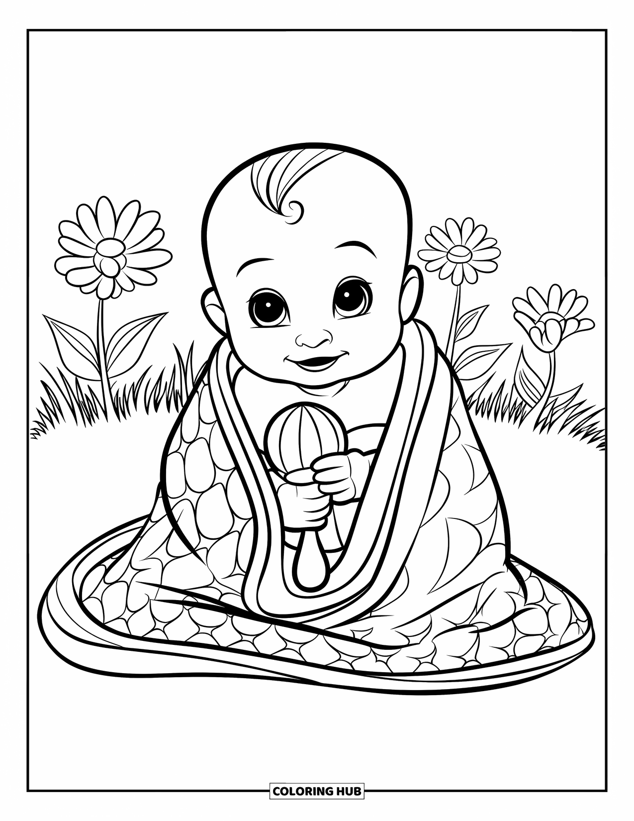 Baby Kleurplaat voor Kinderen: Een baby zit op het gras met een rammelaar en bloemen eromheen