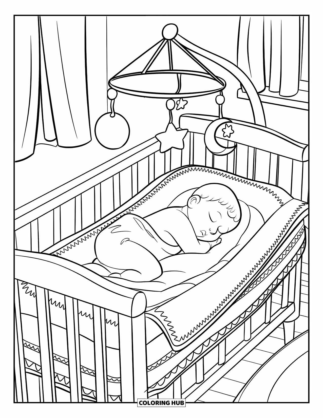 Baby Kleurplaat voor Kinderen: Een baby slaapt in een gezellig wiegje onder een mobiel met sterren en manen