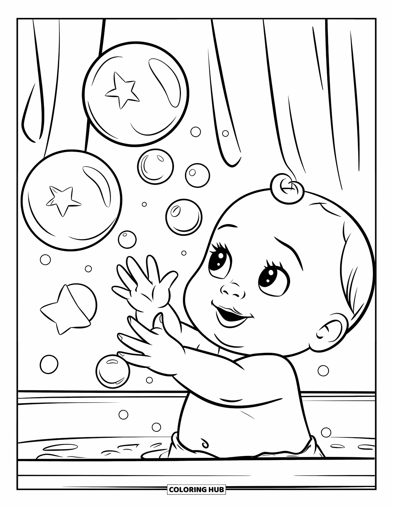 Baby Kleurplaat voor Kinderen: Een baby lacht en reikt naar bubbelende sterren tijdens het badderen