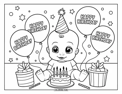 Kleurplaat van baby's voor kinderen: Een baby met een feesthoed glimlacht tussen ballonnen en een taart met kaarsjes