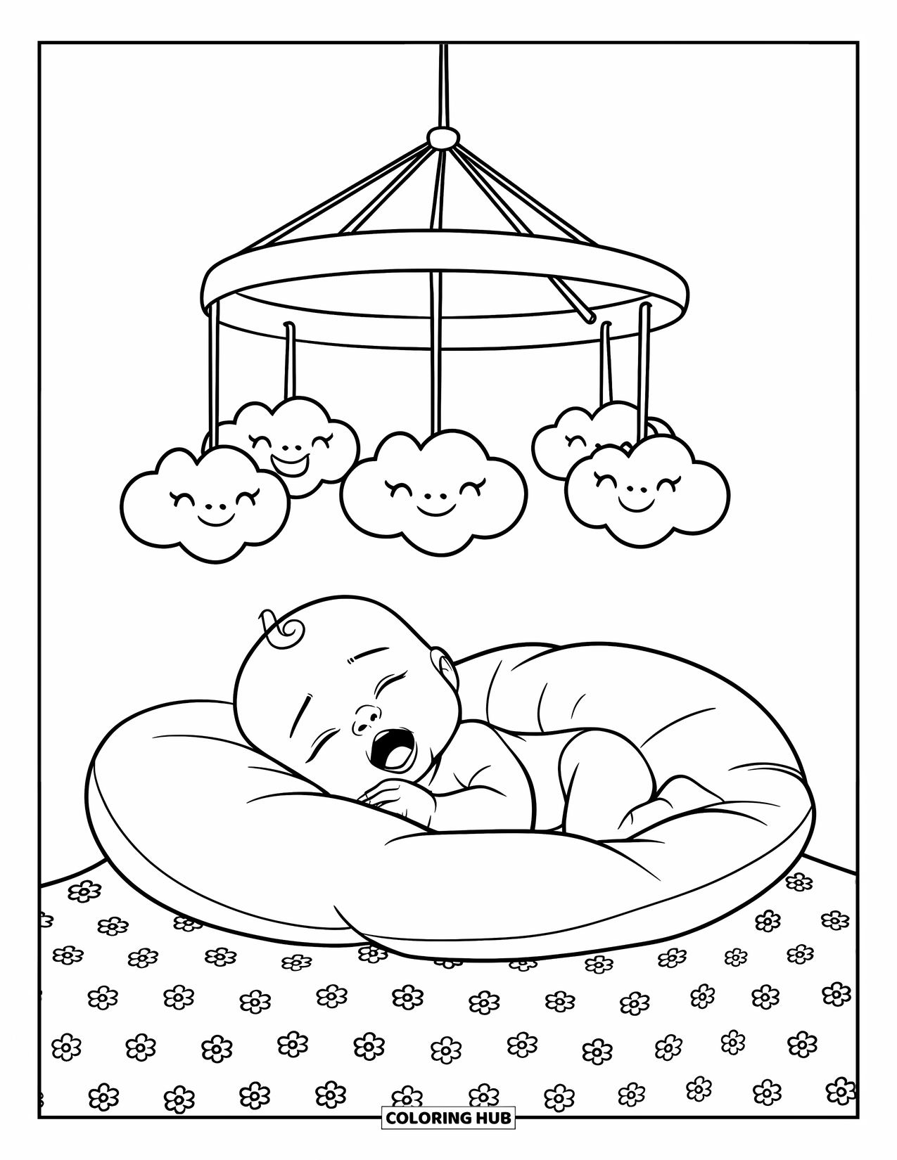 Baby Kleurplaat voor Kinderen: Een baby met een slaperig gezicht ligt op een zacht kussen onder een lachende wolkendecoratie