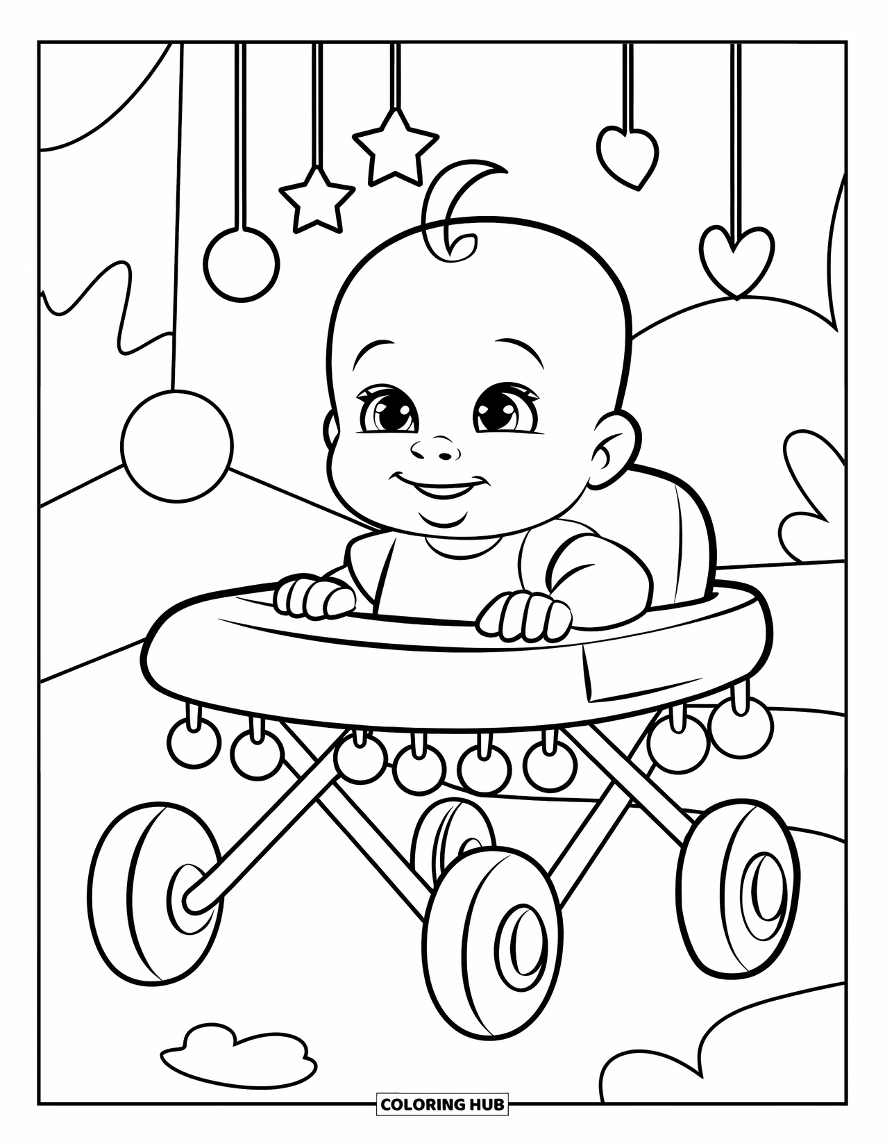 Baby Kleurplaat voor Kinderen: Een vrolijke baby zit in een versierde loopstoel, klaar om te verkennen