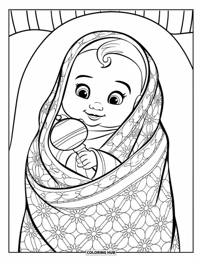 Kleurplaat van baby's voor kinderen: Een schattige baby in een bloemenkleedje speelt met een rammelaar