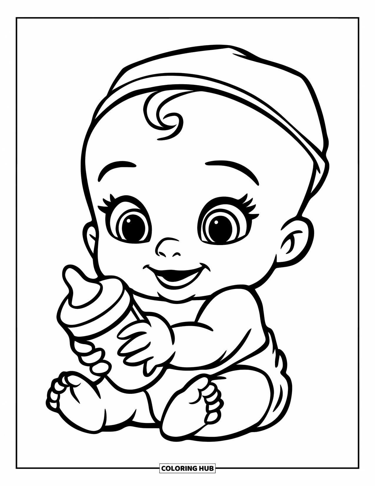 Baby Kleurplaat voor Kinderen: Een grijnzende baby met een flesje zit op een blanco achtergrond