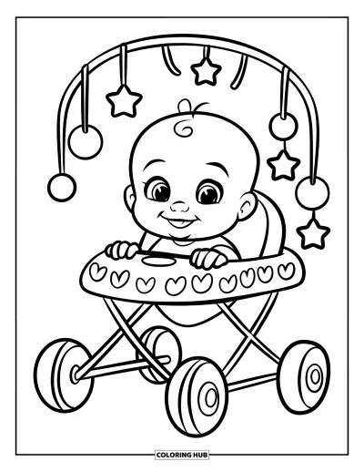 Kleurplaat van baby's voor kinderen: Een blije baby met grote ogen zit in een loopstoeltje met speelse hangende vormpjes