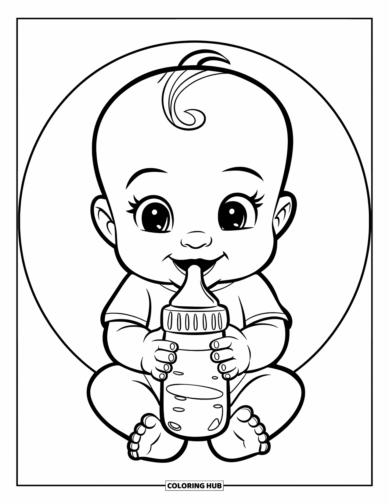 Baby Kleurplaat voor Kinderen: Een lachende baby houdt een flesje vast met kleine handjes op een schone witte achtergrond