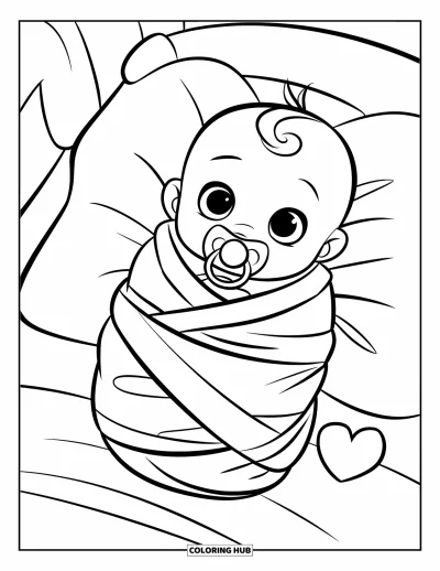 Kleurplaat van baby's voor kinderen: Een ingebakerde babyjongen ligt op een bed met een speen en een hartvormig voorwerp in de buurt