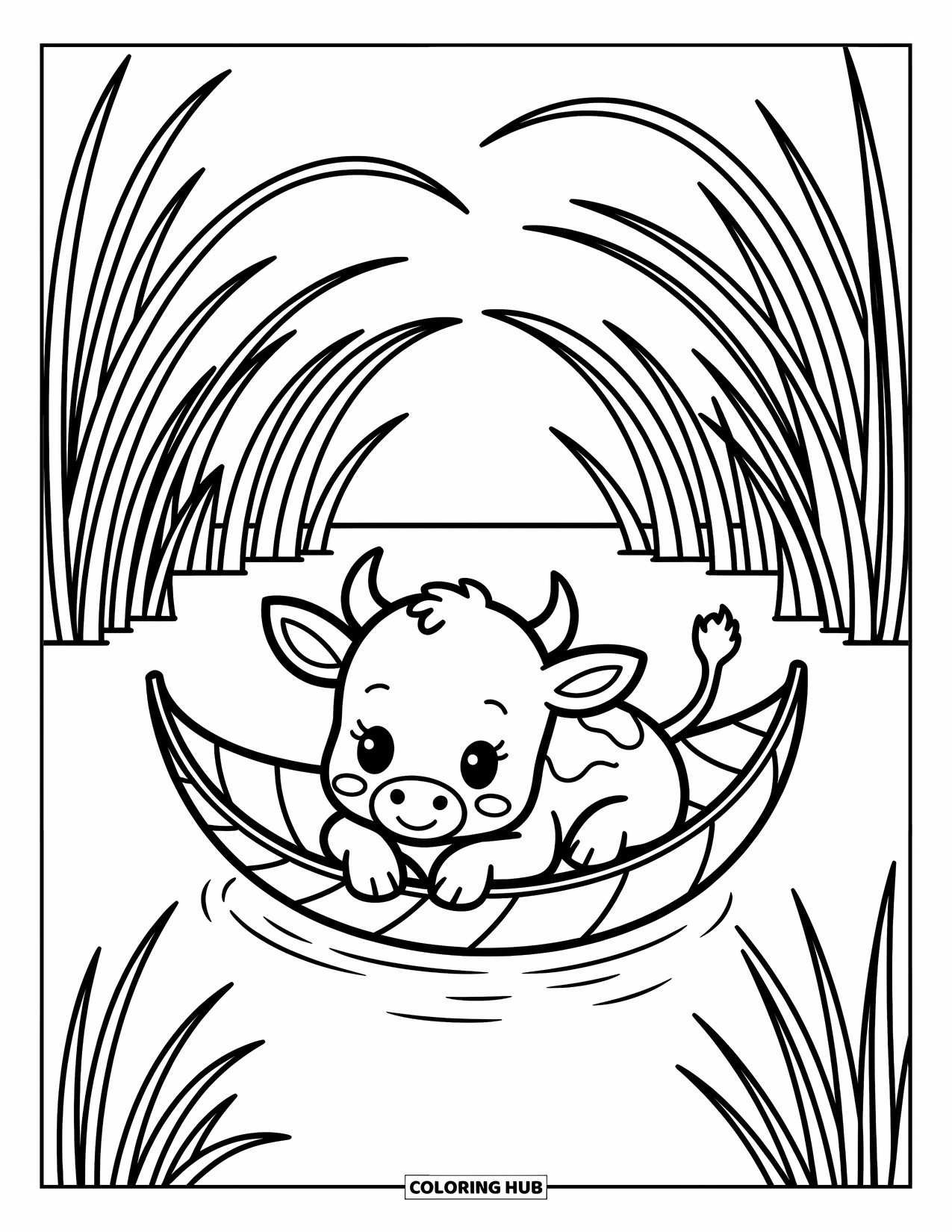 Baby Cow Coloring Page for Adults: A baby cow floats in a leaf boat under tall grass forming a tunnel