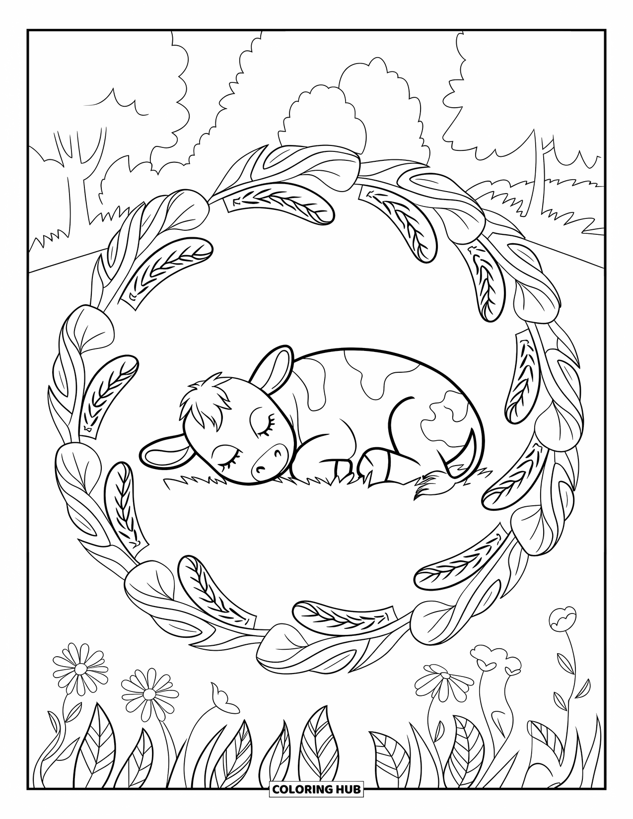 Baby Cow Coloring Page for Adults: A baby cow sleeps inside a decorative wreath in a meadow of flowers and trees