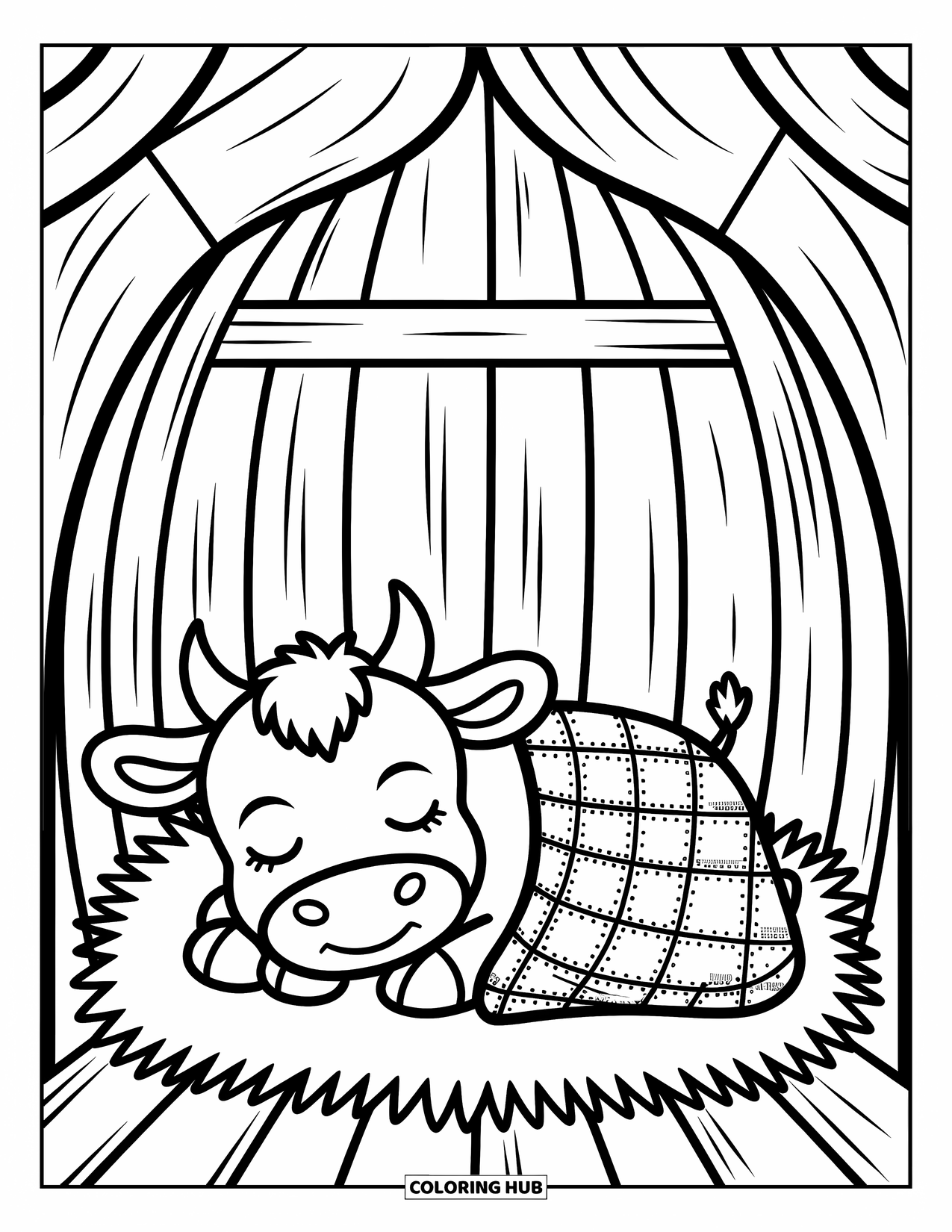 Baby Cow Coloring Page for Adults: A baby cow sleeps peacefully in a stable under a blanket with whimsical patterns