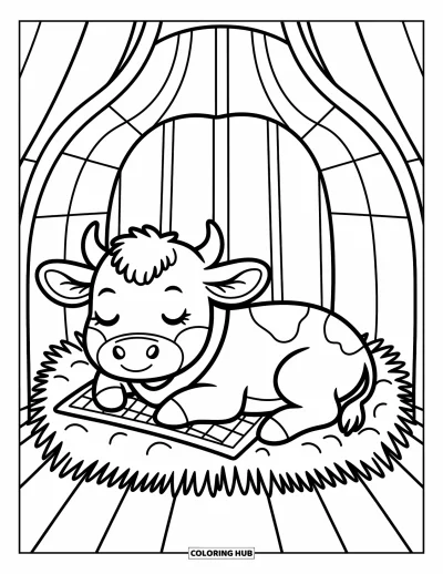 Borjú kifestő felnőtteknek: Egy kis borjú mélyen alszik szénán, egy kis faistállóban íves gerendák között