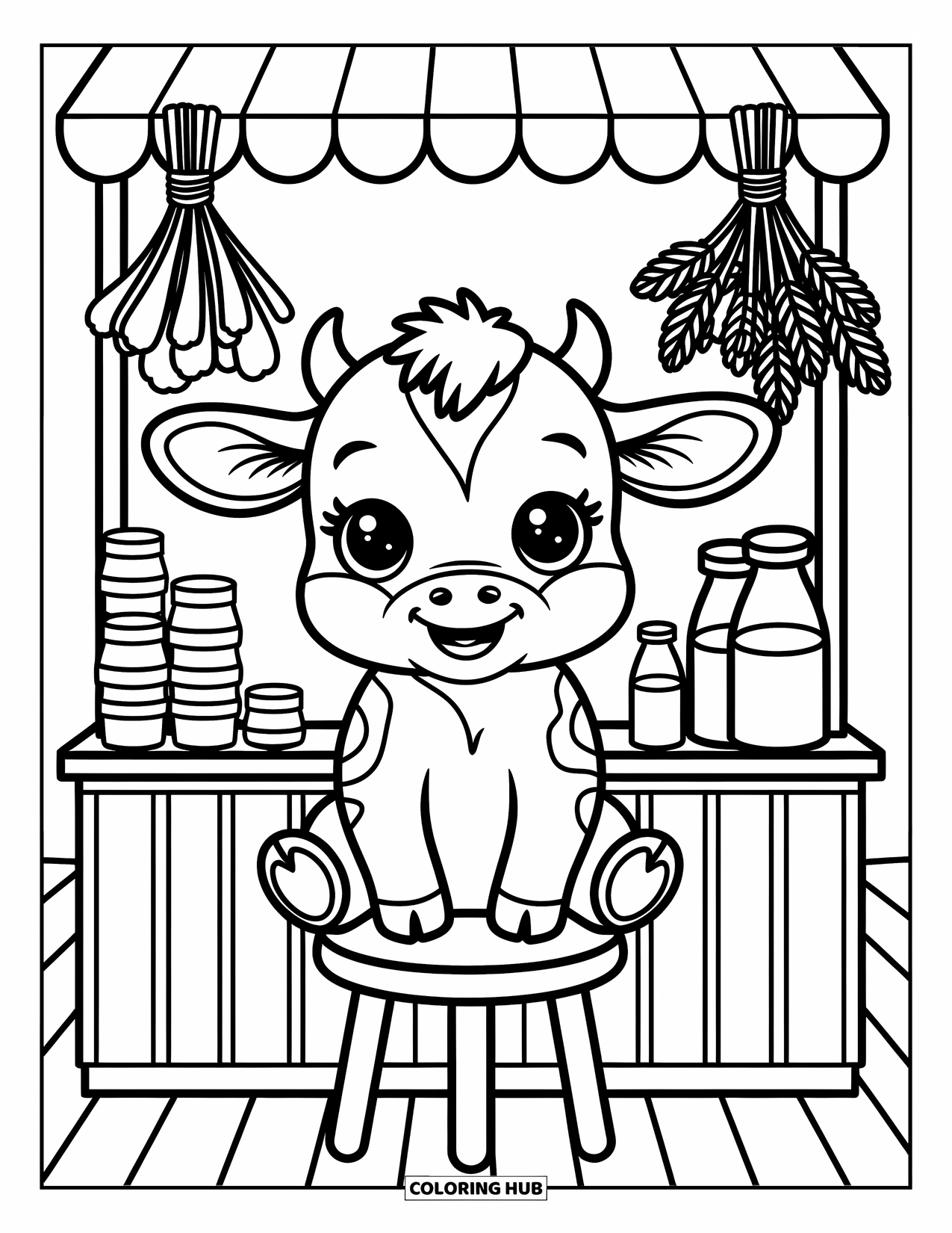 Baby Cow Coloring Page for Adults: A baby cow smiles behind a small market counter surrounded by herbs and milk bottles