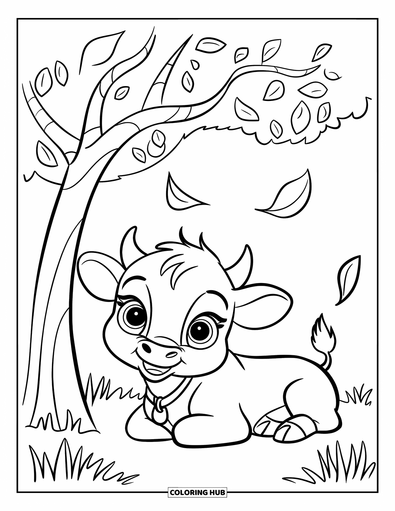 Baby Cow Coloring Page for Kids: A baby cow relaxes under a tree with leaves falling around