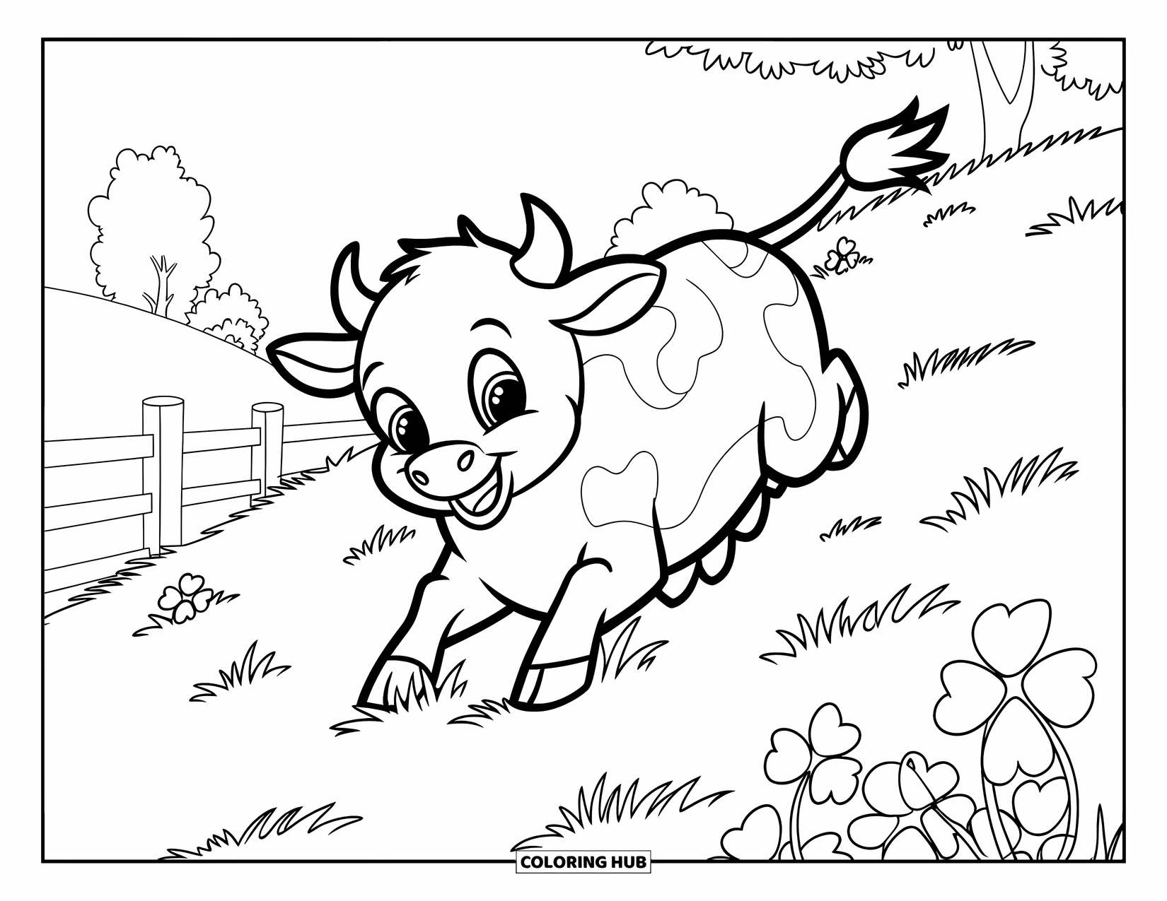 Baby Cow Coloring Page for Kids: A baby cow rolls through grass and clover near trees and a wooden fence