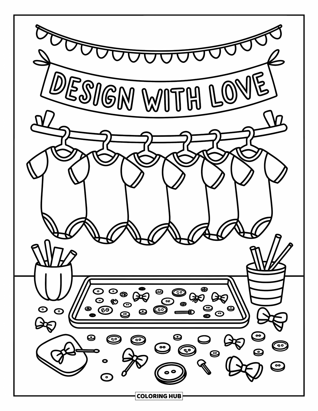 Baby Shower Coloring Page for Adults: A cozy craft station with onesies, baby pins, and a banner that reads "Design with Love
