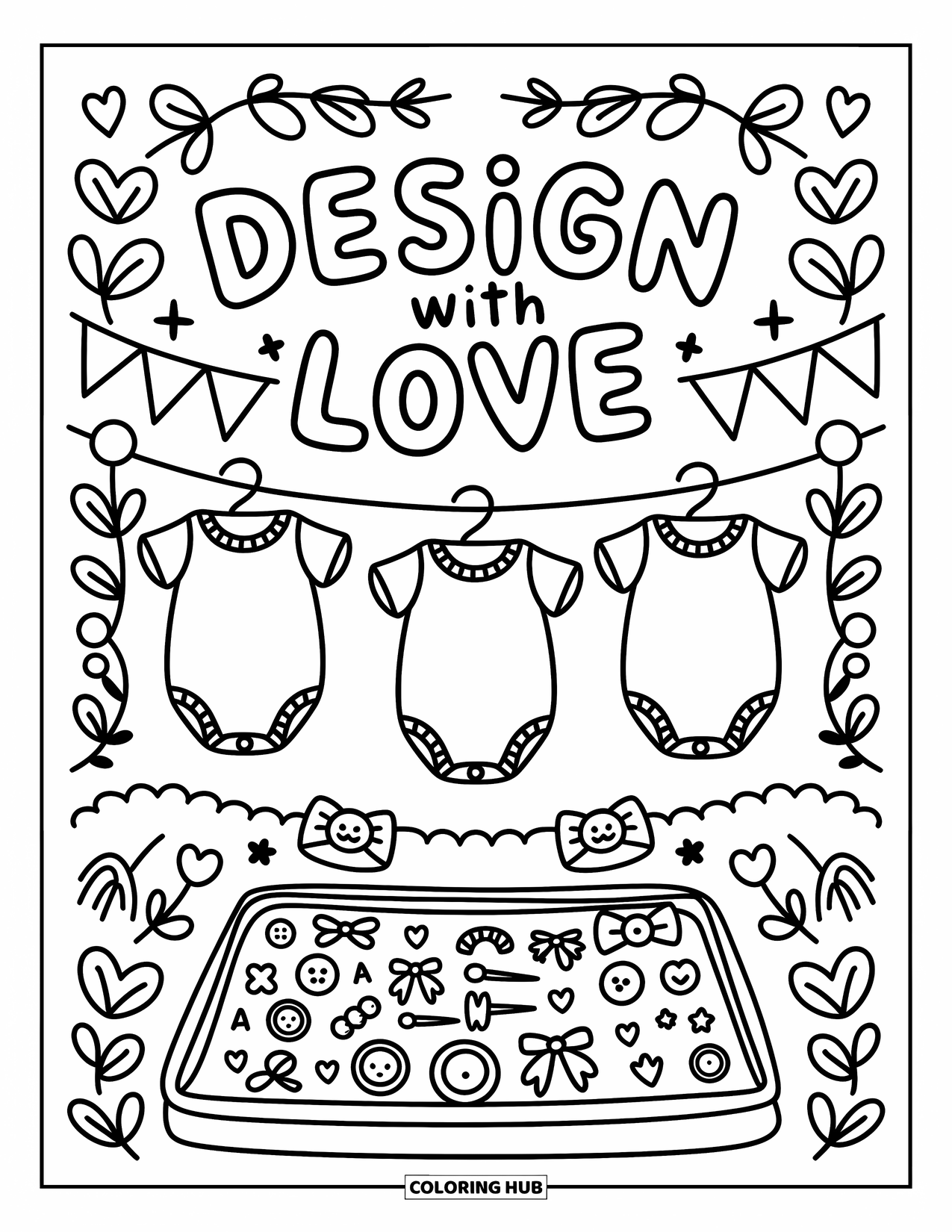 Baby Shower Coloring Page for Adults: A cute onesie station with tiny bows, buttons, and a "Design with Love" banner