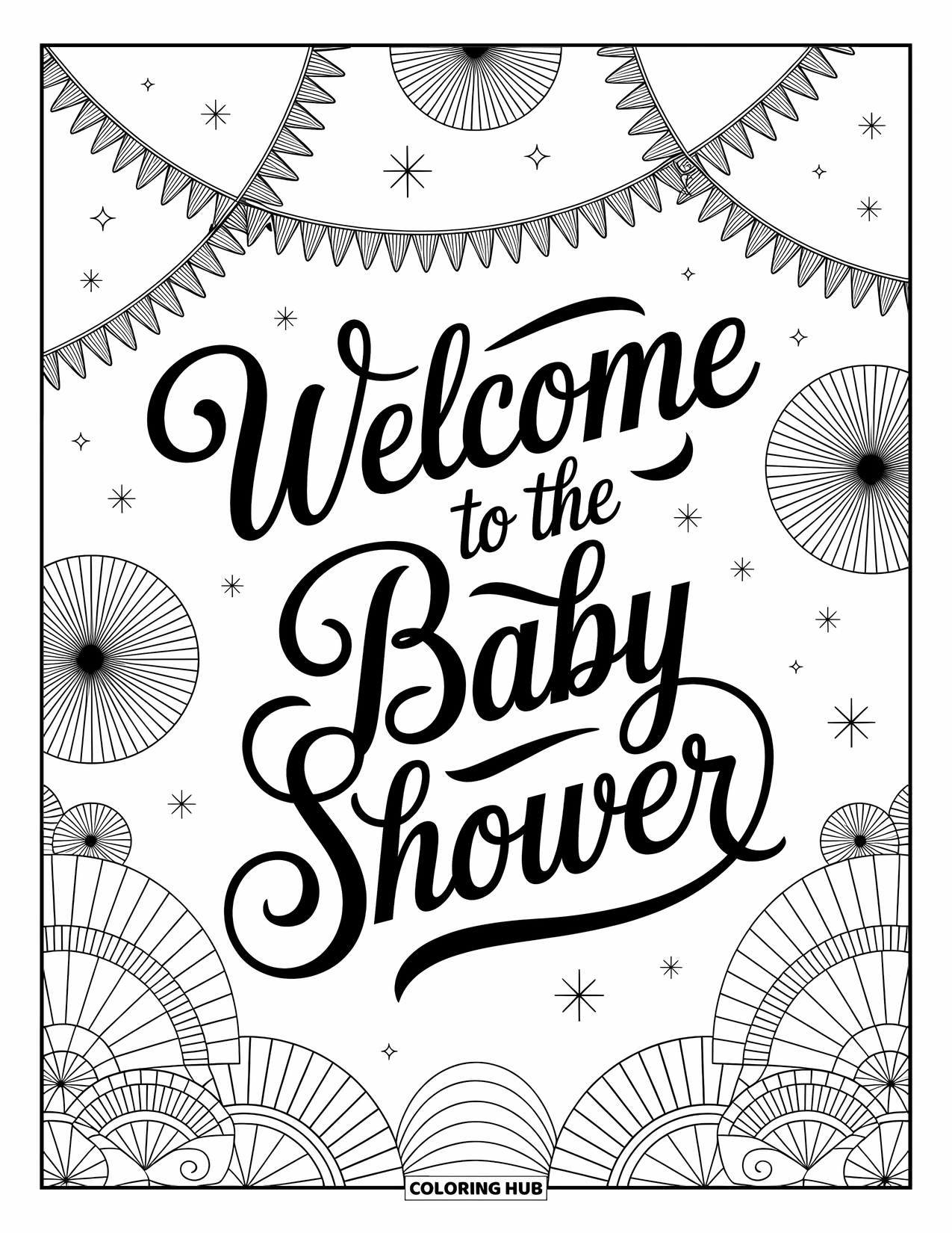 Baby Shower Coloring Page for Adults: A fancy baby shower sign is surrounded by garlands, fans, and artistic background details