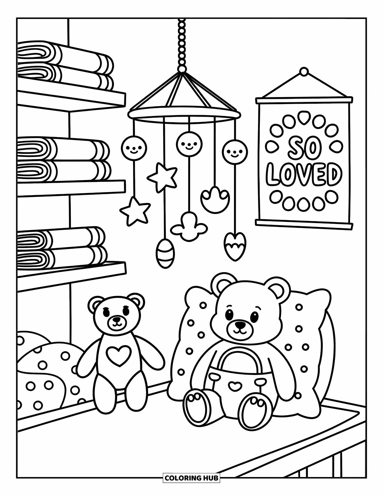 Baby Shower Coloring Page for Adults: A nursery mobile sways above a diapered teddy bear and a "So Loved" wall poster