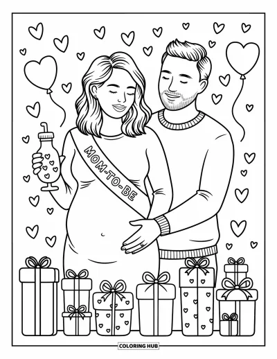 Babaváró kifestő felnőtteknek: Terhes nő mosolyog, miközben férje gyengéden "Mom-to-Be" szalagot helyez rá