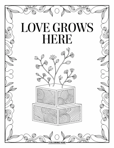 Babaváró kifestő felnőtteknek: Kockahalom virágokat hajt az édes "Love Grows Here" felirat alatt