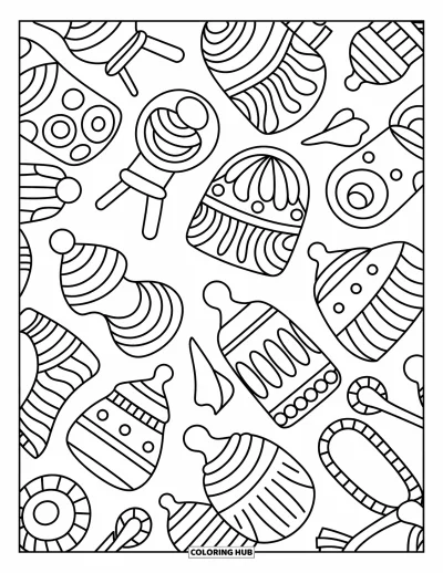 Babaváró kifestő felnőtteknek: Zentangle lap baba formákkal, mint cumisüvegek, csörgők és pelenkák