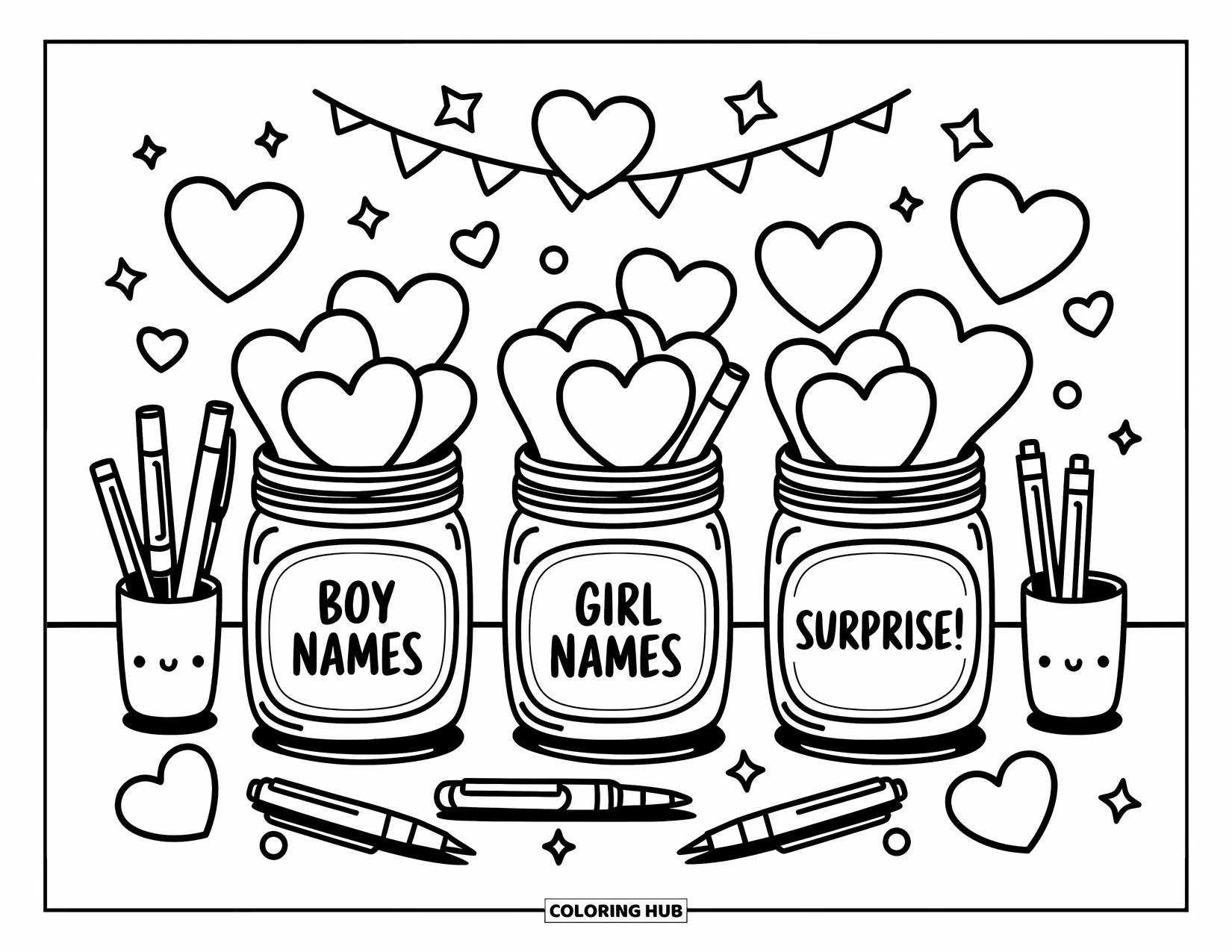 Baby Shower Coloring Page for Adults: Adorable baby name jars sit among pens and confetti in a creative, cozy corner