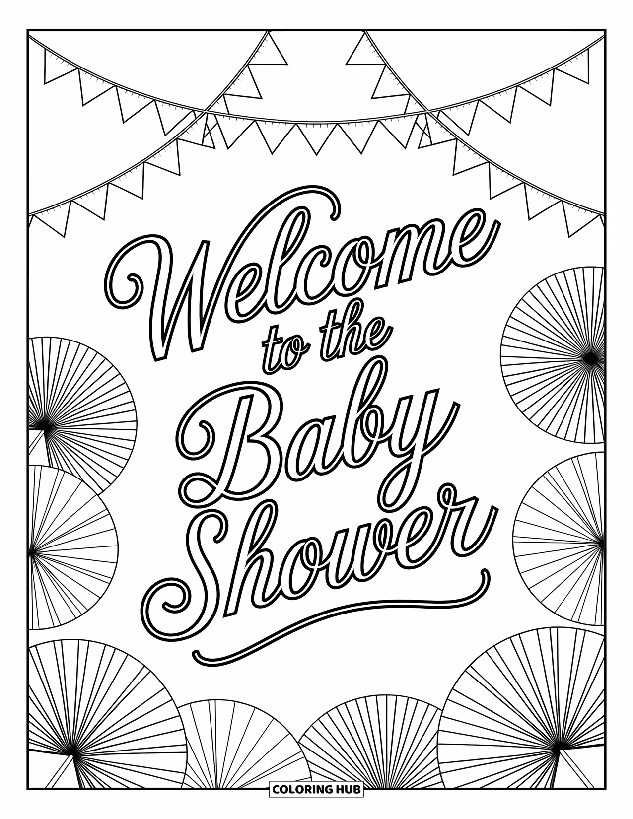 Baby Shower Coloring Page for Adults: Calligraphy-style welcome sign sits among garlands, party fans, and detailed decorations