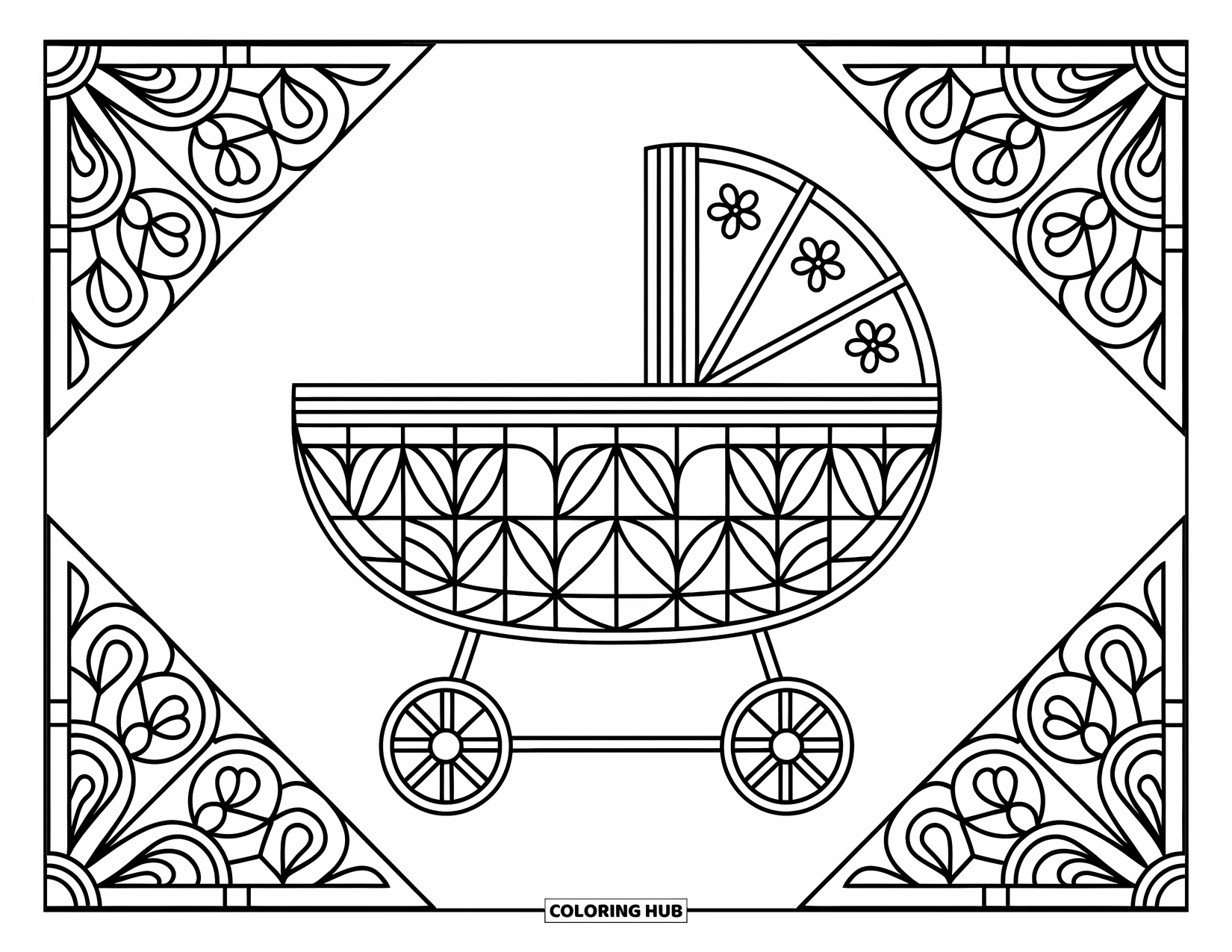 Baby Shower Coloring Page for Adults: Geometric patterns and baby icons frame a stained-glass-inspired bassinet design