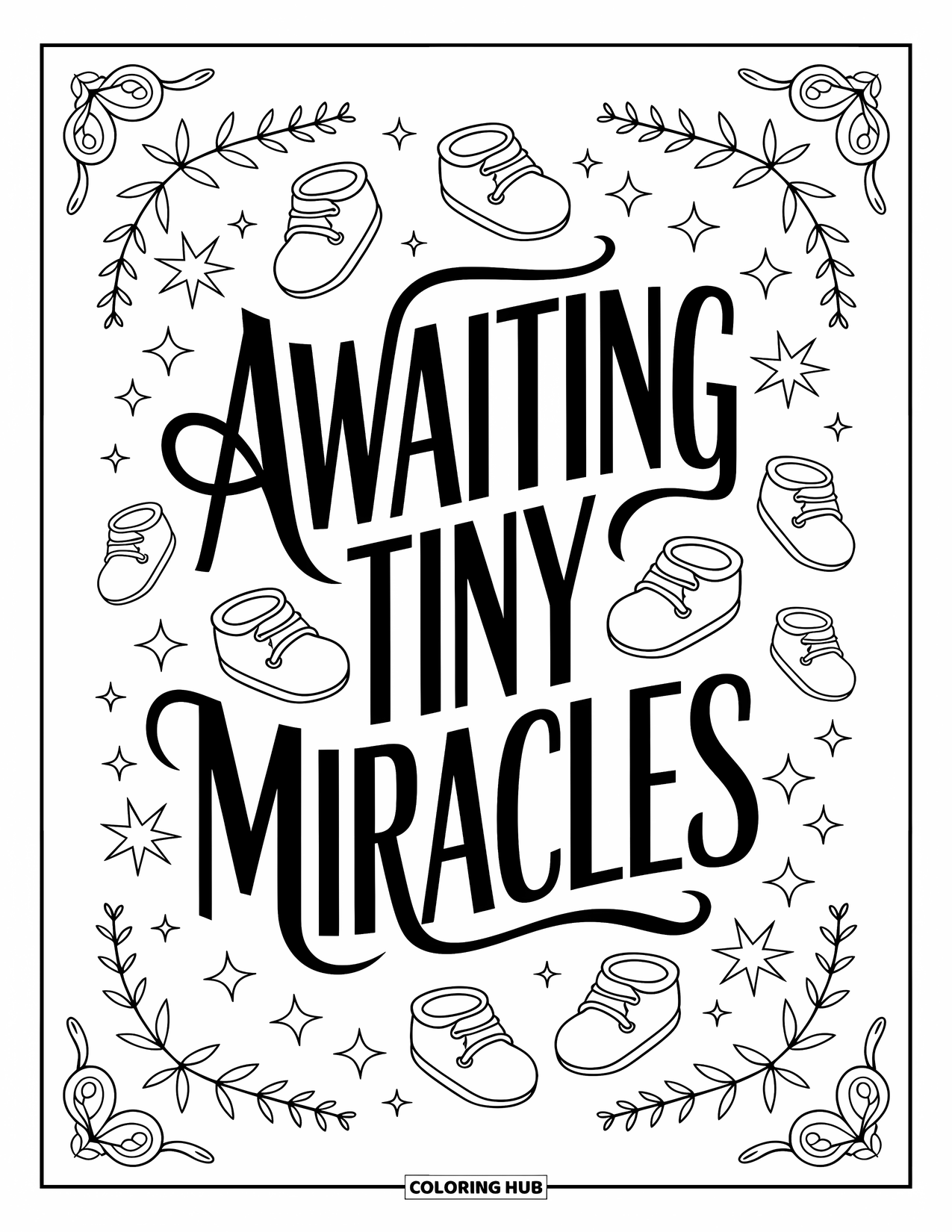 Baby Shower Coloring Page for Adults: Hand-lettered words and baby-themed decorations create a relaxing and artistic quote design