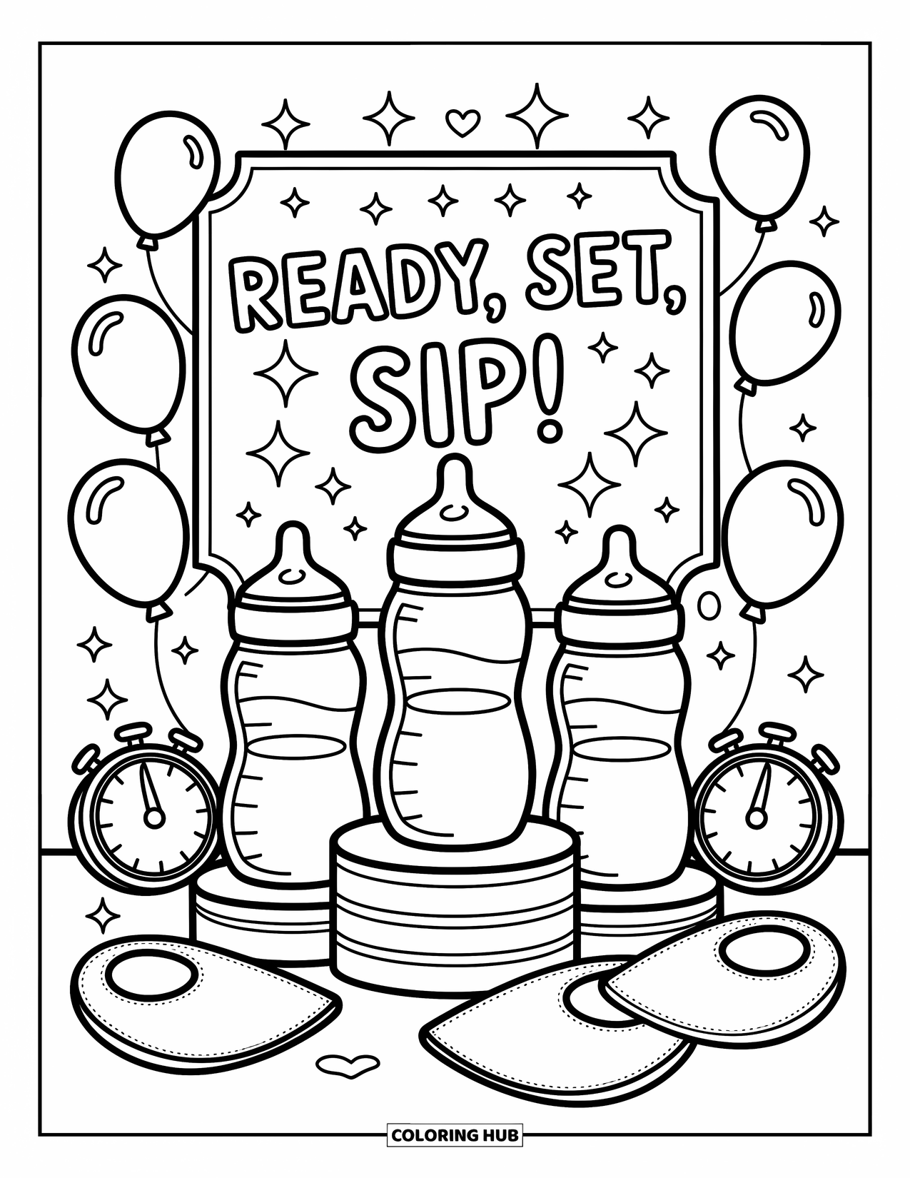 Baby Shower Coloring Page for Adults: Three baby bottles on a podium shine under balloons, bibs, and a festive race theme