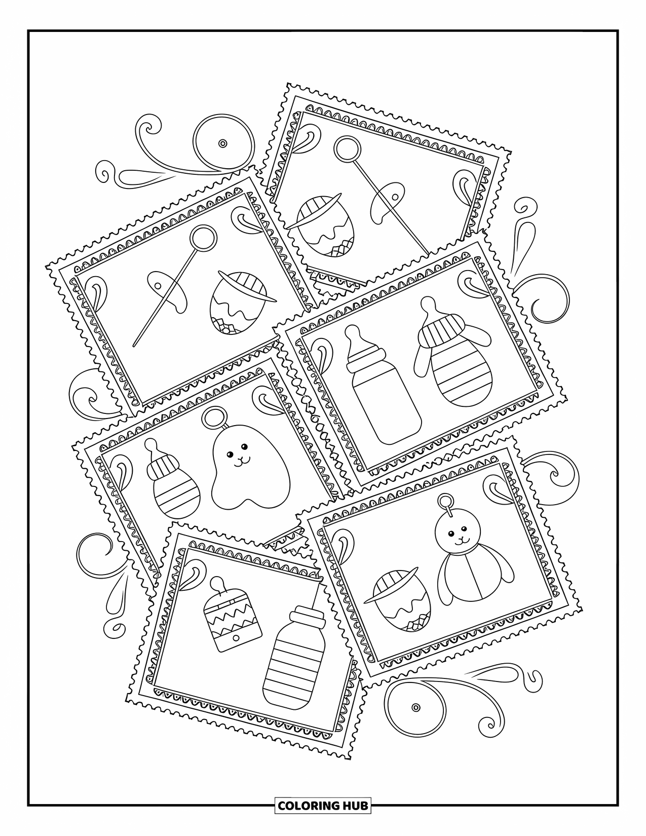 Baby Shower Coloring Page for Adults: Vintage baby-themed stamps show pins, bottles, and plush toys with elegant patterned borders